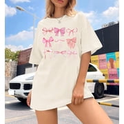 KimSoong Womens Bow Shirt Coquette Aesthetic T-Shirt Trendy Pink Bow Girly Tee Watercolor Pastel Bow Oversized Tops