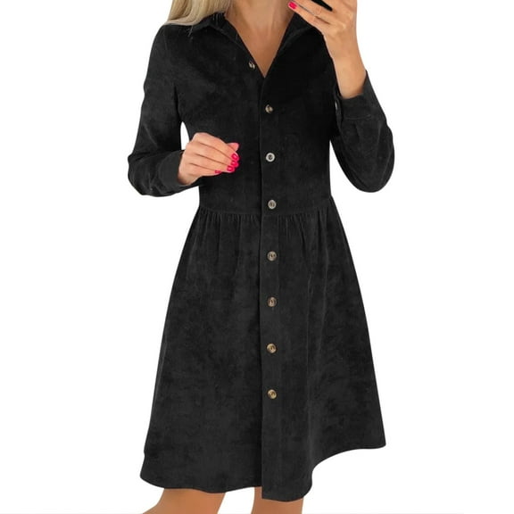 HNMKIU Women's Elegant Long Sleeved Shirt Dress Corduroy Solid Long Button Warm Long Sleeve Dress for Women Black,M