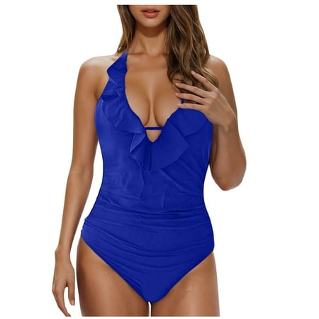 Feimerou Womens One Piece Swimsuits Sexy Halter Ruffle V Neck Tummy Control Bathing Suit Backless Slimming High Waisted Swimwear