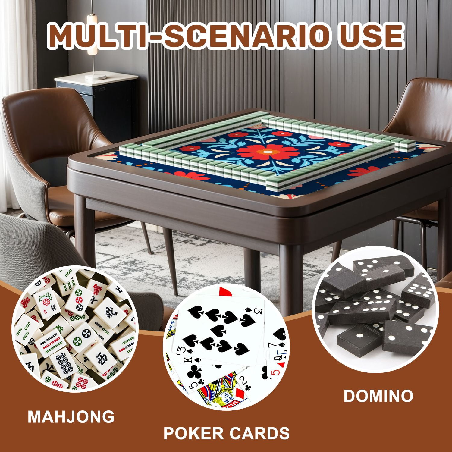 Mahjong Mat 31.5" x 31.5" Symmetrical Floral Folk Red Pink Flowers Dark Blue Non-Slip Noise Reduction American Mahjong Tiles Table Cover for Dominoes Poker Card Board Games Gift