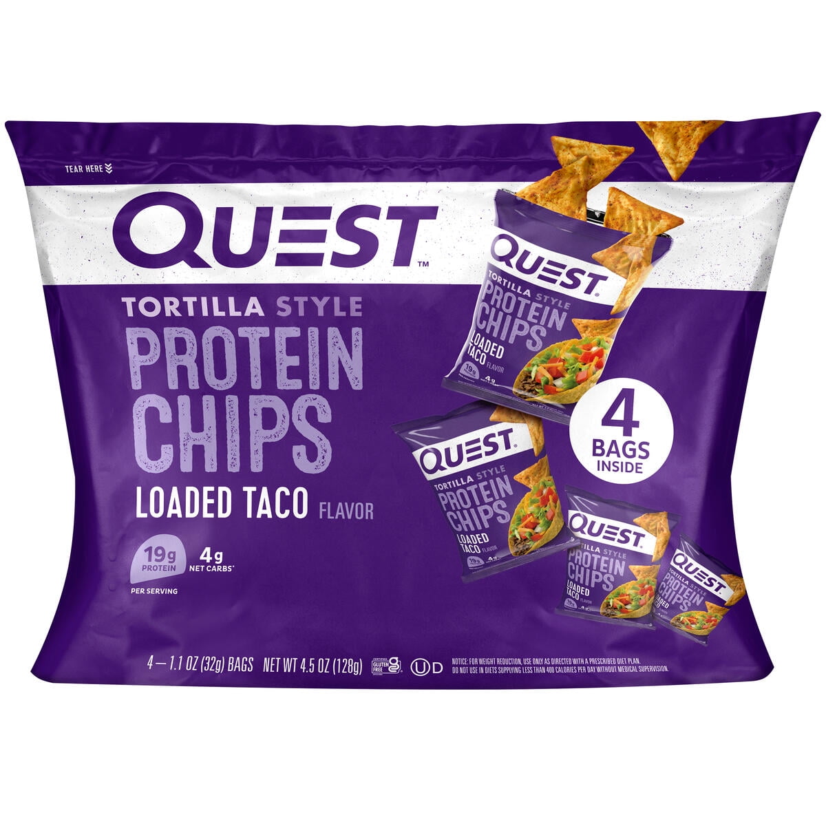Quest Tortilla Style Protein Chips, Loaded Taco Flavor, Baked, Low Carb, 4 Count