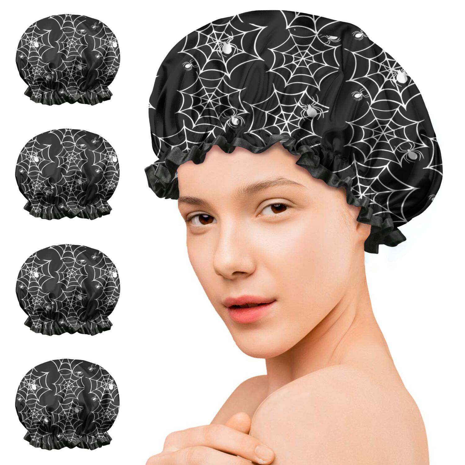 Shower Caps,Halloween Black and White Spider Webs and Spiders Waterproof Shower Cap for Women 4 Pieces,Double Reusable Hair Cover for Shower PEVA Elastic Stretch Hem