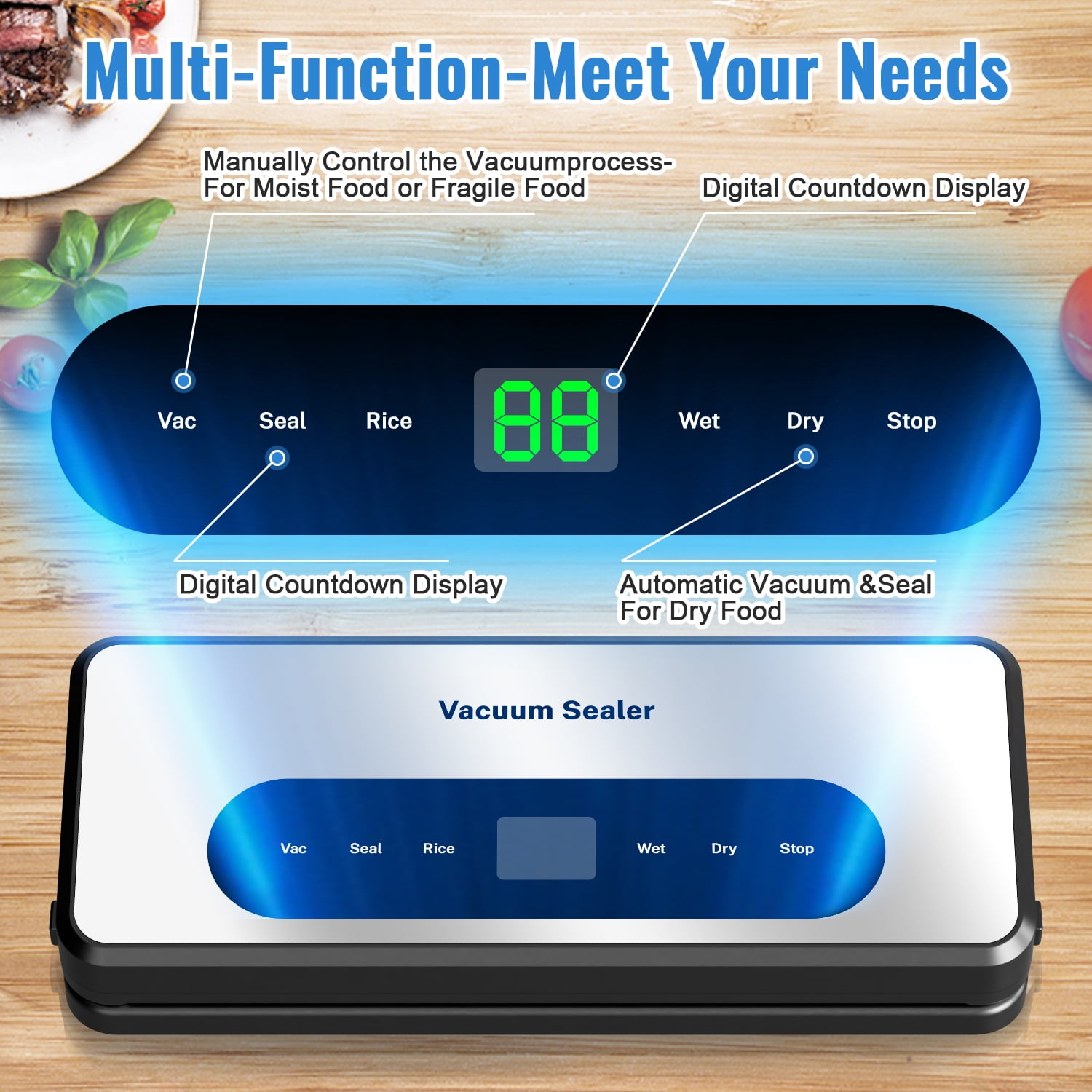 Food Vacuum Sealer Machine with 2 Rolls Food Vacuum Sealer Bags, 8-in-1 Automatic Food Sealer with Dry & Moist Food Modes, Led Indicator Lights, Built-in Cutter, Compact Design for Food Storage