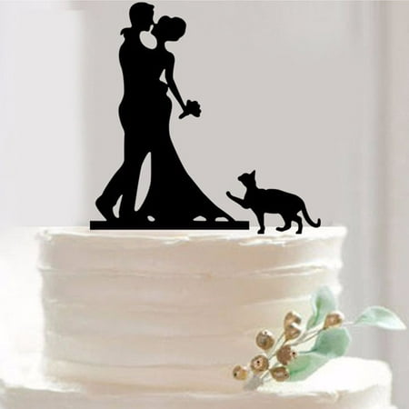Bouquet Silhouette Bride Groom And Pet Cat Cake Topper For