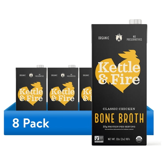 (8 pack) Kettle & Fire Classic Chicken Bone Broth, Shelf-Stable, 32 oz