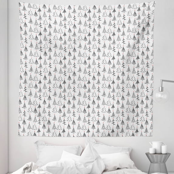 Tree Tapestry, Doodle Pattern Ornamental Sketch Style Drawing Christmas Tree Stars Illustration, Fabric Wall Hanging Decor for Bedroom Living Room Dorm, 5 Sizes, Black Grey Red, by Ambesonne