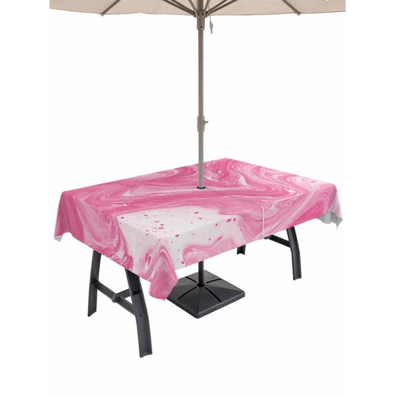 Outdoor Tablecloth with Umbrella Hole for Patio/Picnic/Party/Camping, Pink Marble Waterproof Table Cloth Rectangle Table Cover Washable, Modern Ombre Abstract Fluid Aesthetic Art (60"x 84")