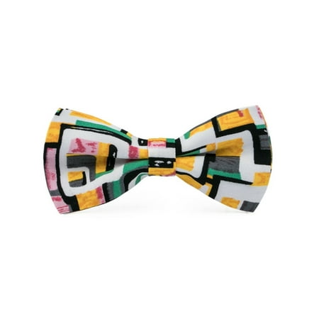 Men's Green Yellow White & Black Cotton Bow Tie Hanky Cufflinks Set