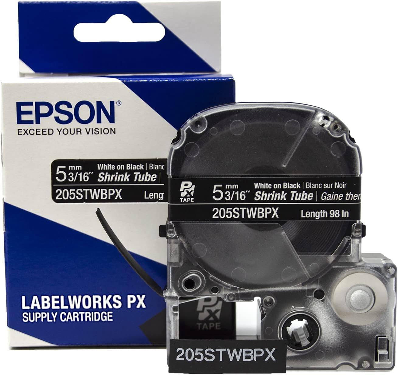 Epson LABELWORKS 205STWBPX - White on Black Shrink Tube Label Maker Tape - AWG 8-12, 3/16" (5MM) Wide, 96"