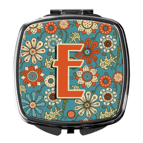 Letter E Flowers Retro Blue Compact Mirror