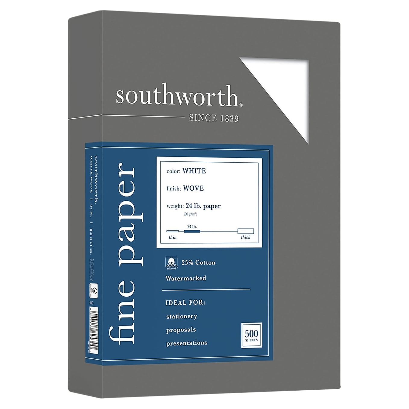 Southworth 24lb 25% Cotton Business Paper - For Laser, Inkjet Print - Letter - 8.50" X 11" - 24 Lb - Recycled - Wove - 500 / Box - White (404C)