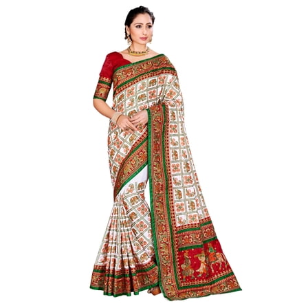 Sarees for Women Satin Silk Heavy Embroidered Saree ||Ethnic Traditional Indian Wedding Gift Sari with Unstitched Blouse (White)