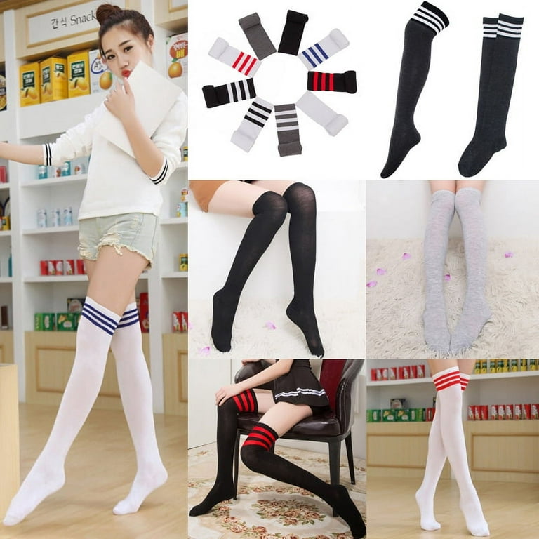 Biekopu Women Autumn Stripe Cotton Stocking Warm Thigh High Over the Knee  Socks Fashion School Style Long Leggings
