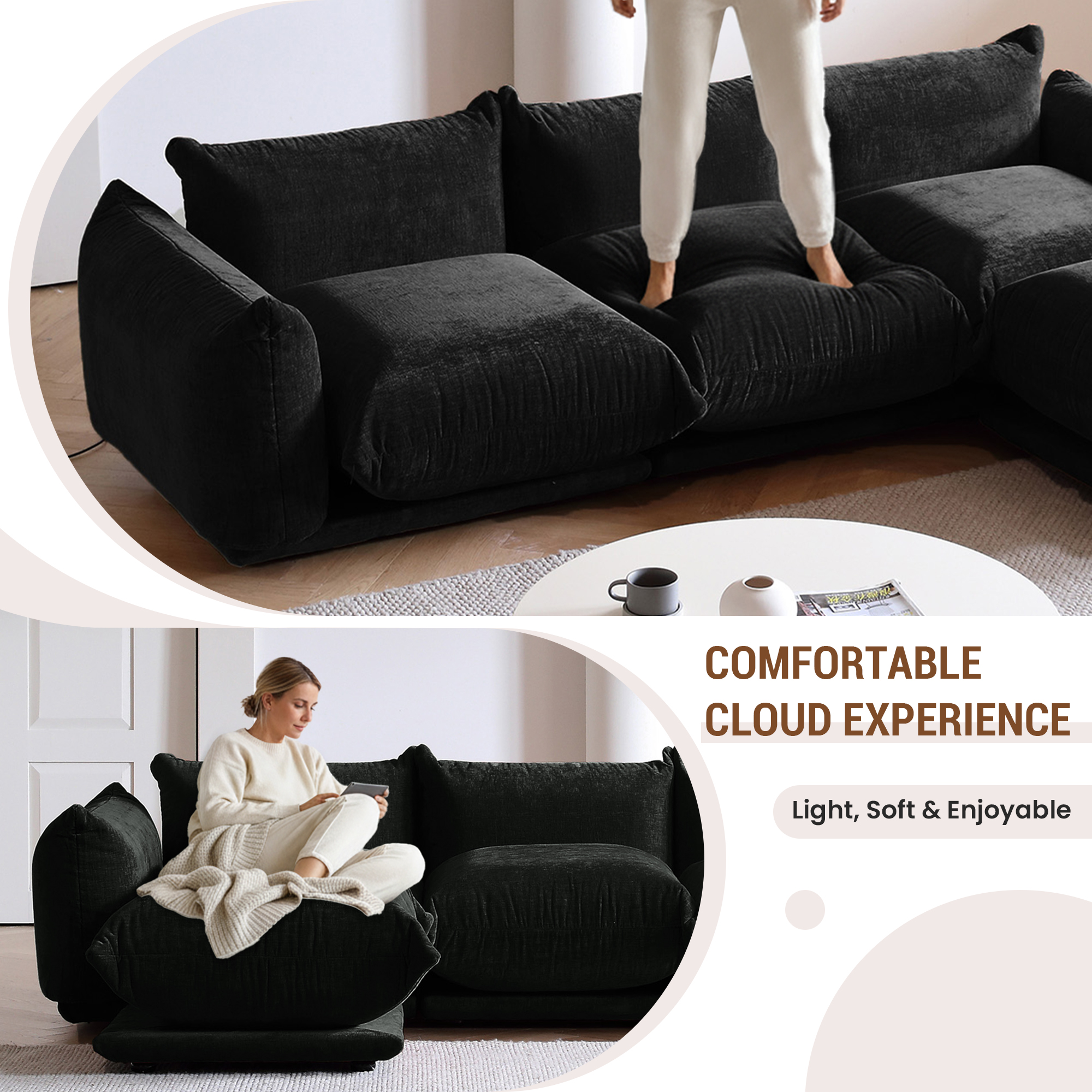 Magic Home Modular Sectional Sofa Floor sofa Foam Couch L-Shaped Sofa Chenille Couch Single Sofa Sectional Couch for Living Room,Black