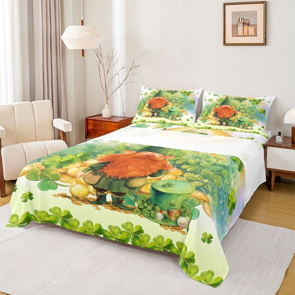 Feelyou Cartoon Gnome Kids Twin Sheet Sets, Lucky Spring Shamrock Bedding, 3-Piece