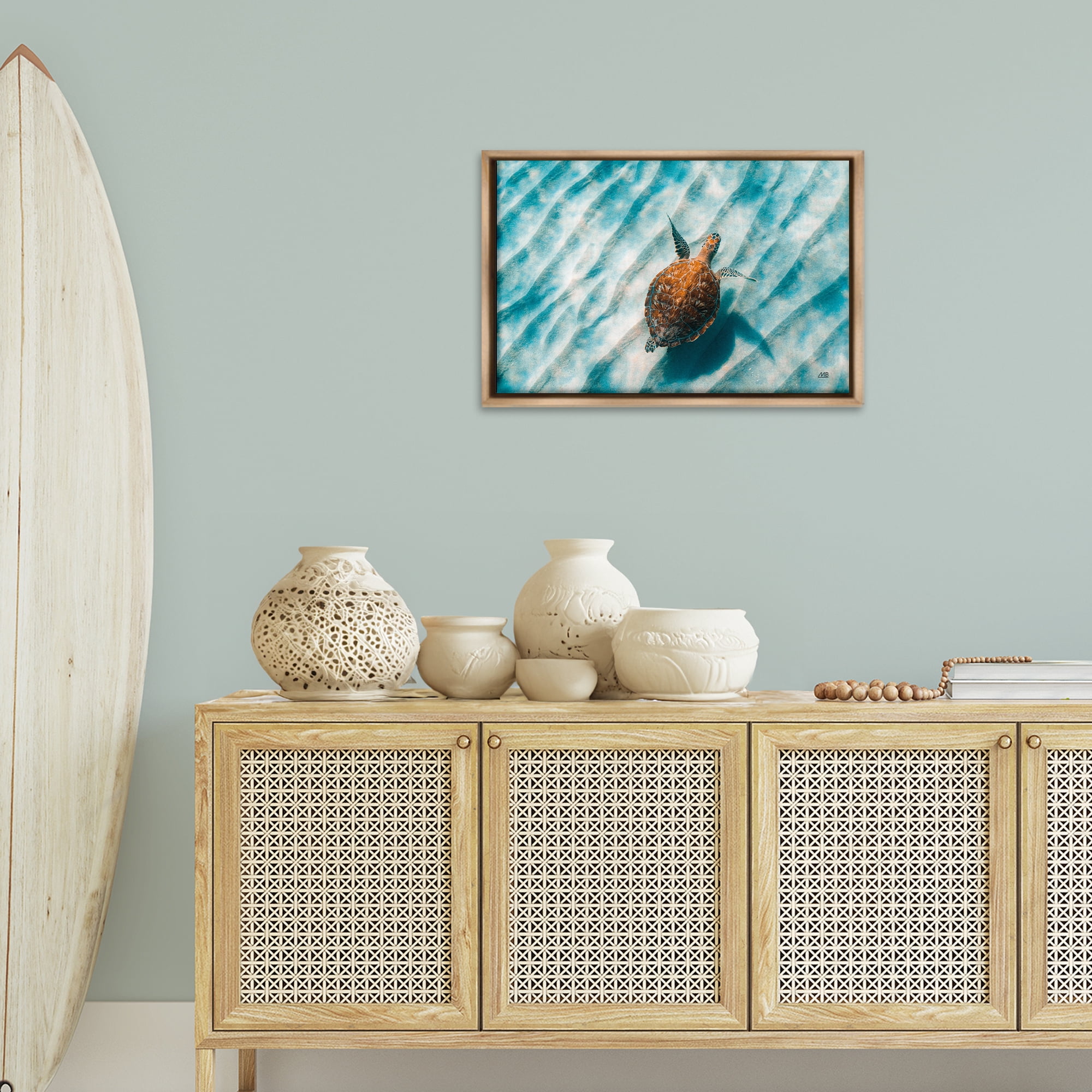 Stupell Industries Sandbar Sea Turtle Animals Photography Brown Floater Framed Canvas Art Print Wall Art, 25 x 17
