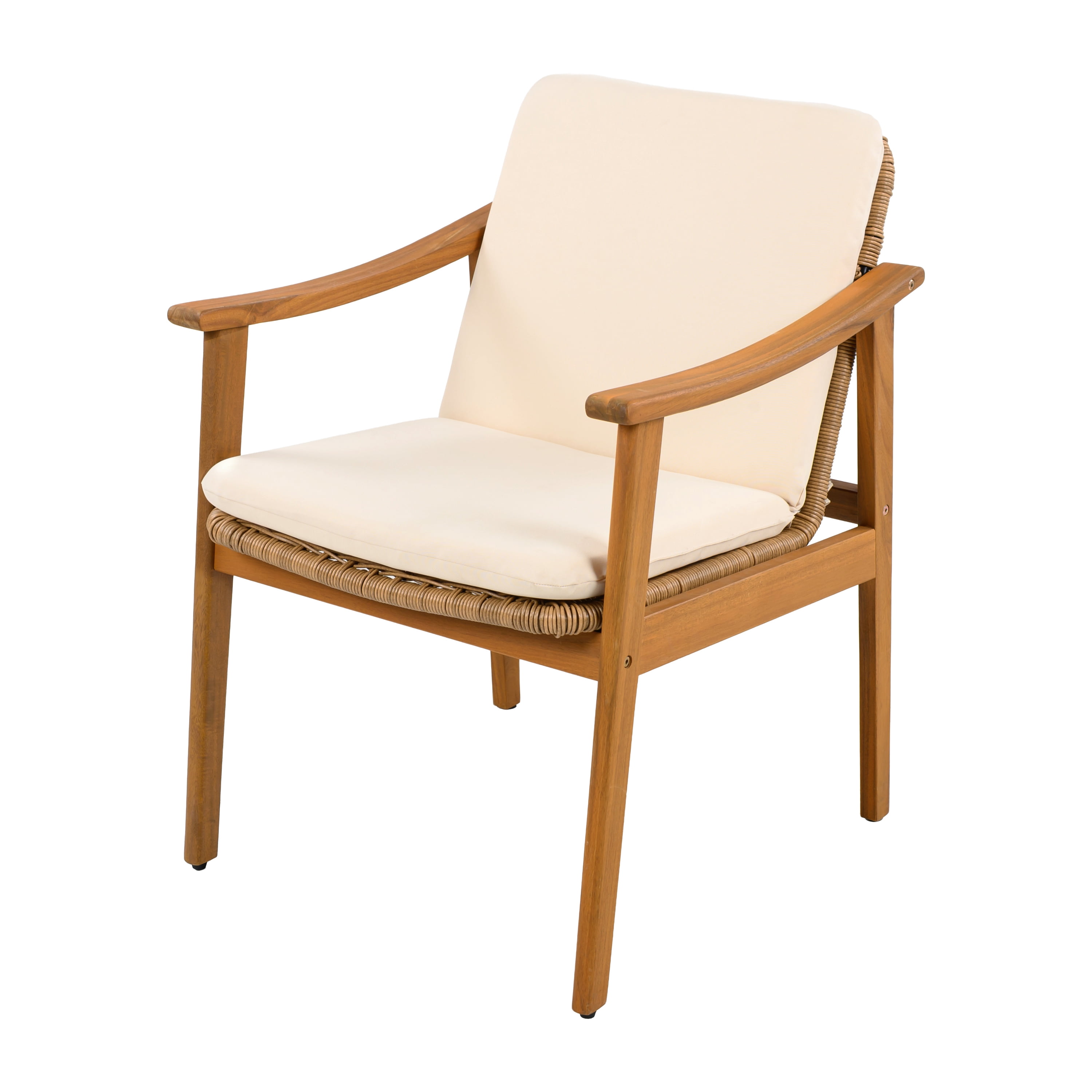 Outdoor Dining Chairs Set of 2, Teak Color Acacia Wood Frame Brown PE Wicker Beige Waterproof Cushion, Teak