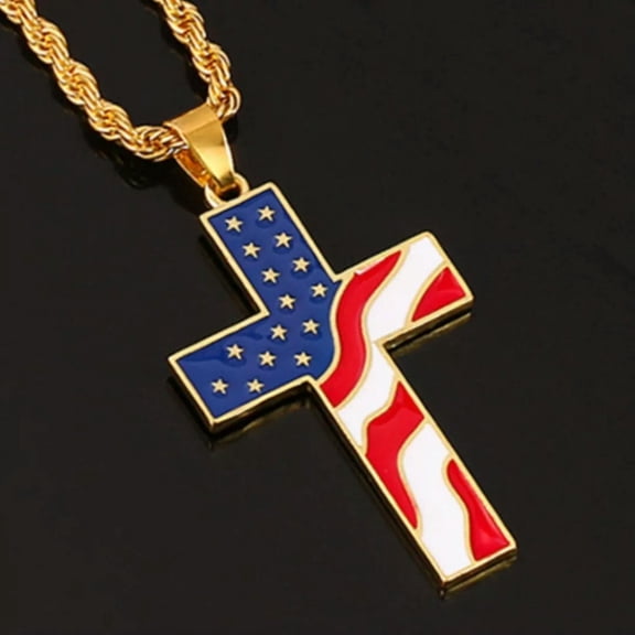 HOOUN Gold American Flag Cross Pendant Necklace Chain Men Women Christian Jewelry Gift
