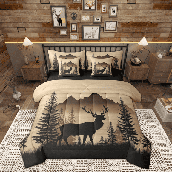 Manfei Mystic Jungle Reindeer Bedding Comforter Set 7pcs, Rustic Farmhouse Animal Queen Bedding Sets, Teen Kid Adult Reversible Queen Sheet Sets, Lightweight Room Decor