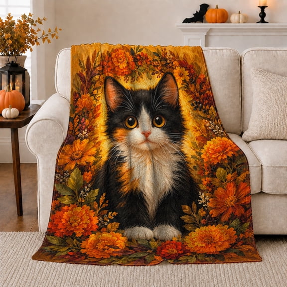 Black and White Kitten among Orange Autumn Flowers, Warm Folk Art Style for Cat Lovers, Fall Floral Pet Portrait and Birthday Gift, Cozy Flannel Blanket for Living Room and Bedroom, Home Decor