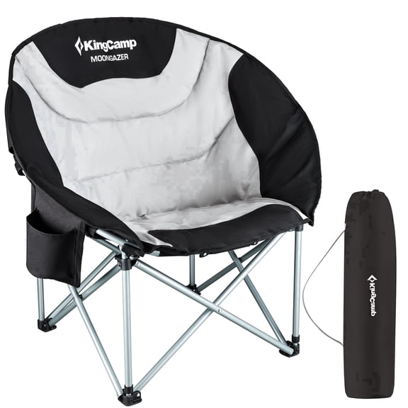 KingCamp Round Camping Chair for Adults, Oversized Outdoor Moon Chair with Side Pocket, Heavy-Duty Padded Folding Lawn Chairs, Supports 330lbs, Black