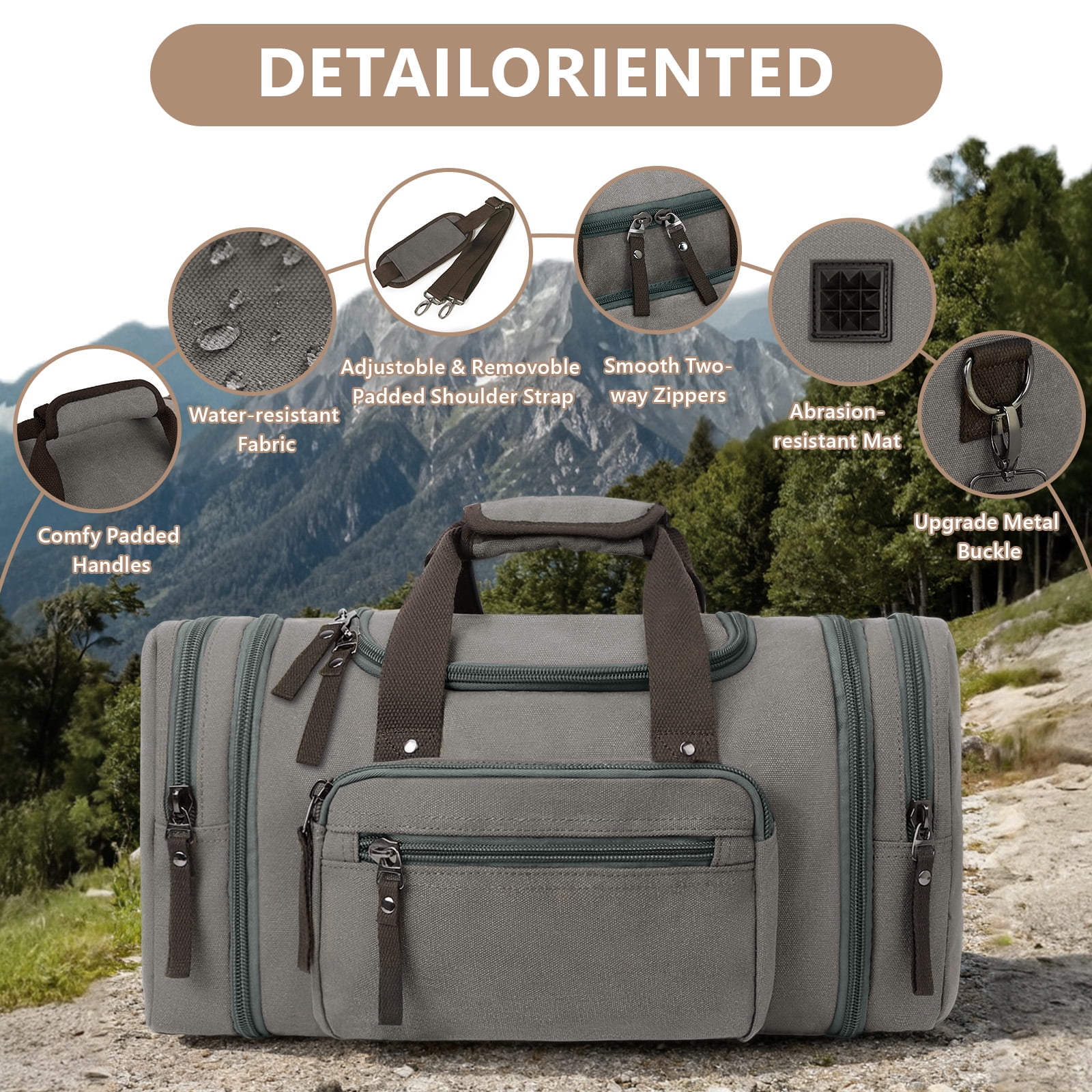 DAKOMM Canvas Duffle Bag 50L, Duffle Bag for Travel Expandable Duffel Bags Waterproof Weekender Overnight Travel Bag Gym Carry On Luggage Bag for Men & Women (Gray)