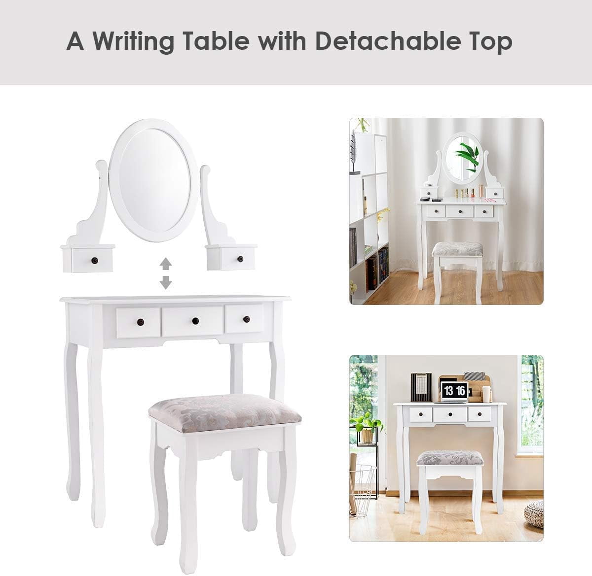 Gymax Vanity Dressing Desk Makeup Table Stool W/ 5 Storage Drawers White