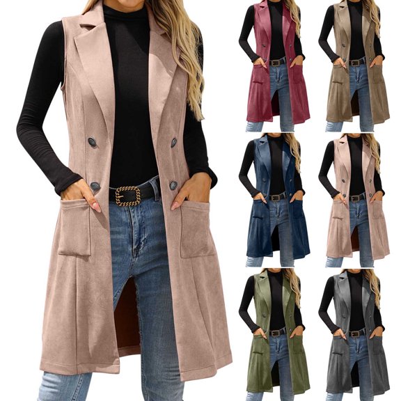 Women Long Lapel Vest Blazer Sevevn Double Breasted Button Flap Pockets Sleeveless Outerwear for Office Casual Fall Layered Outfits