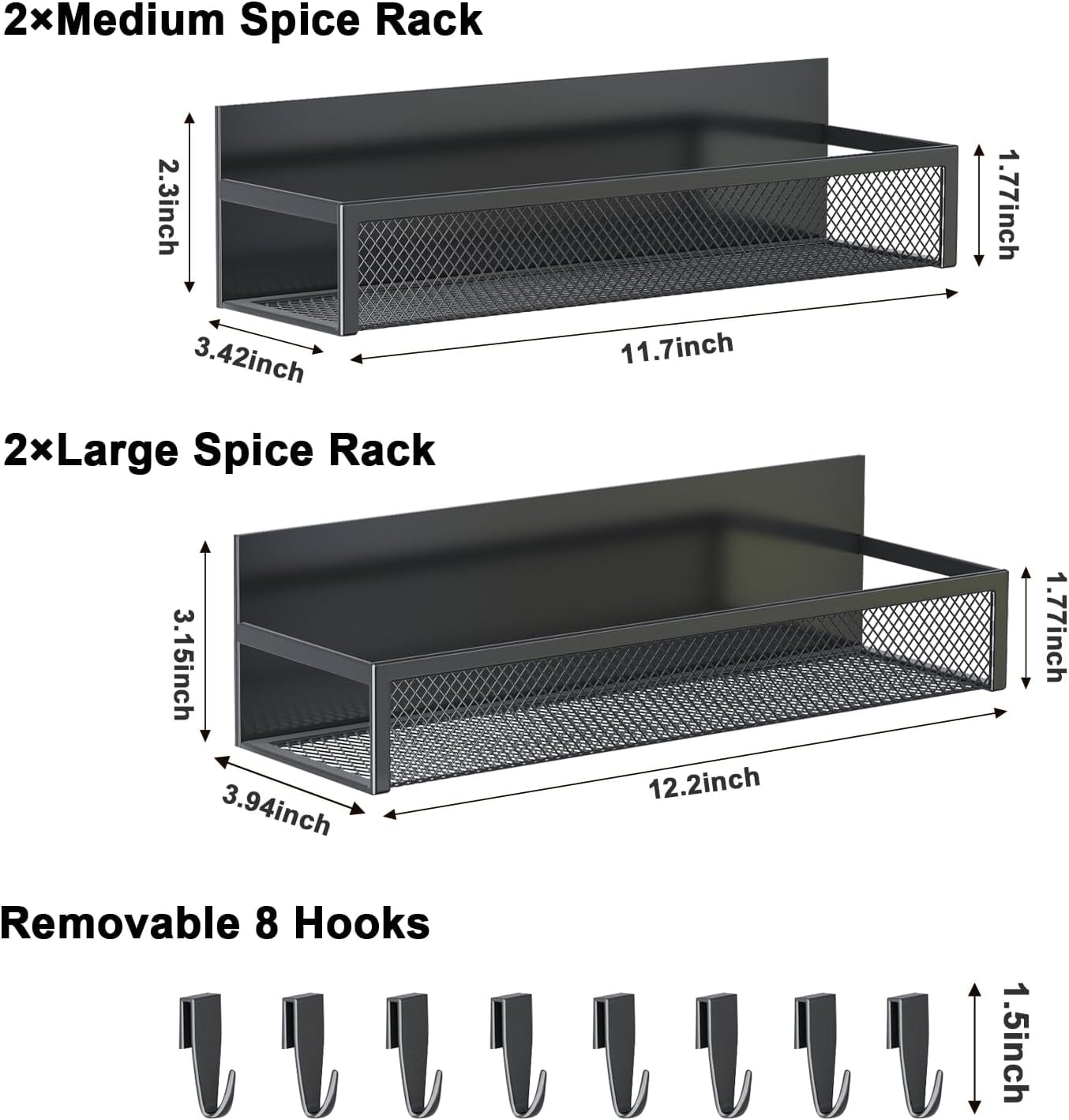 Aufworld Magnetic Spice Rack for Refrigerator, 4 Pack Shelf, Fridge Magnet Organizer with Moveable 8 Hooks, Shelf Kitchen Organization and Storage (4 Pack)