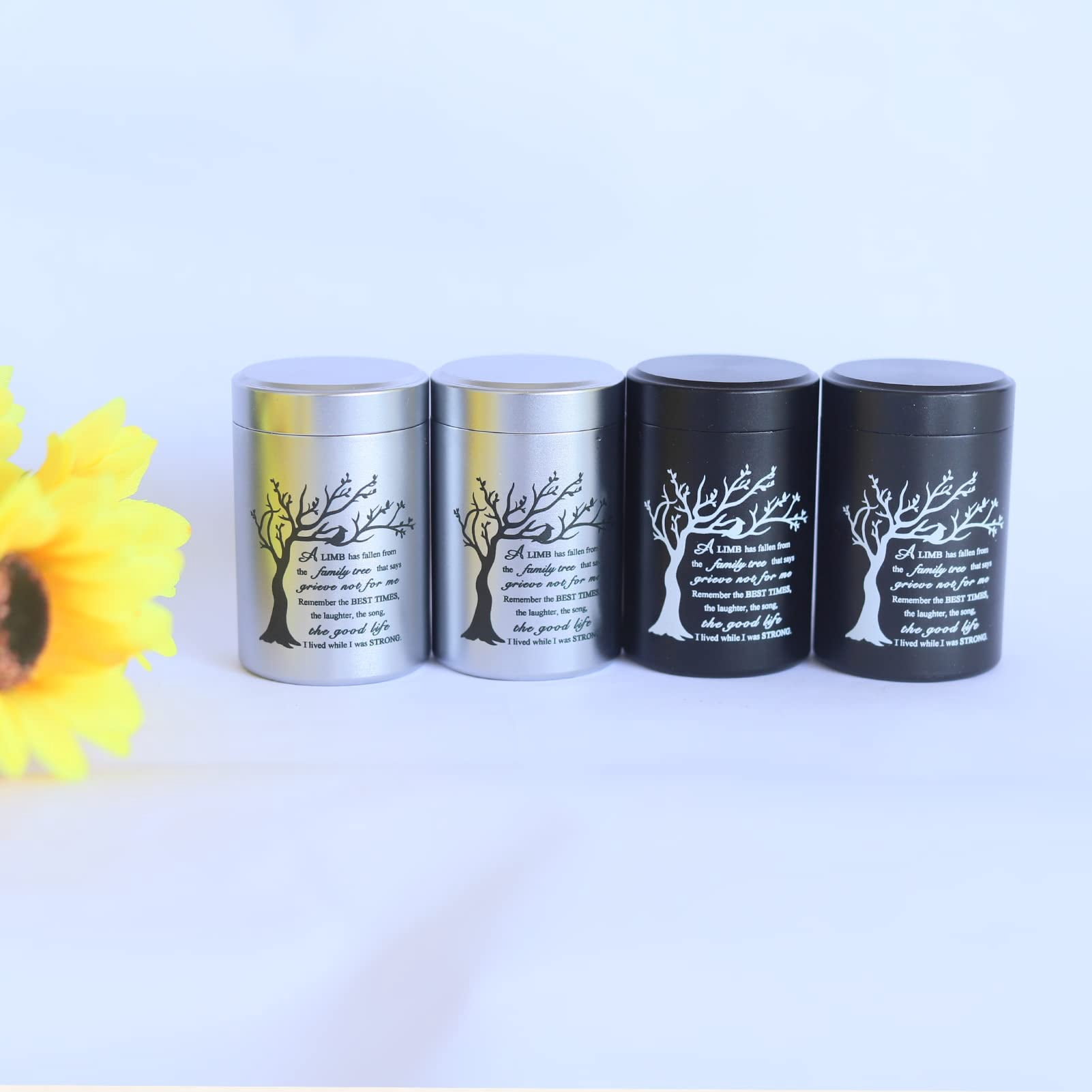 Small Urns for Ashes - Set of 4，2.7 inch High Quality Aluminium Mini Urns, Cremation Urns for Human/Pet Ashes,Ashes Holder,Small Keepsake urns--A LIMB has fallen from the family tree,Black&Silver