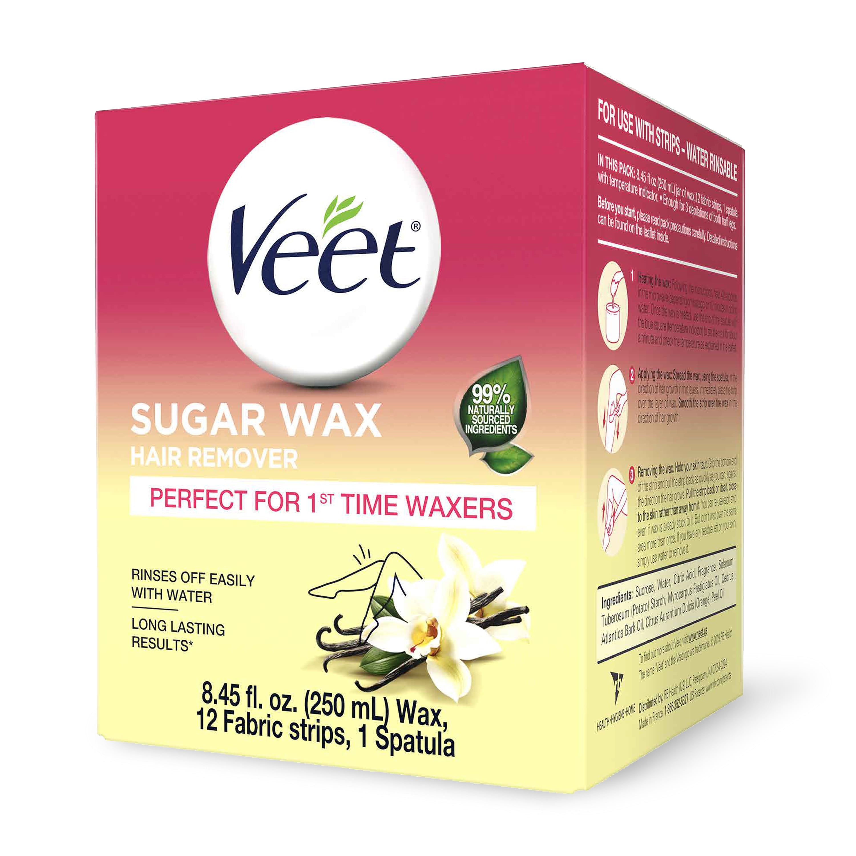 Hair Removal Wax- VEET Sugar Wax, Hair Remover Waxing Kit with Essential  Oils and Floral Vanilla Fragrance, 250ml Wax and 12 Fabric Strips with 1  Spatula - Walmart.com