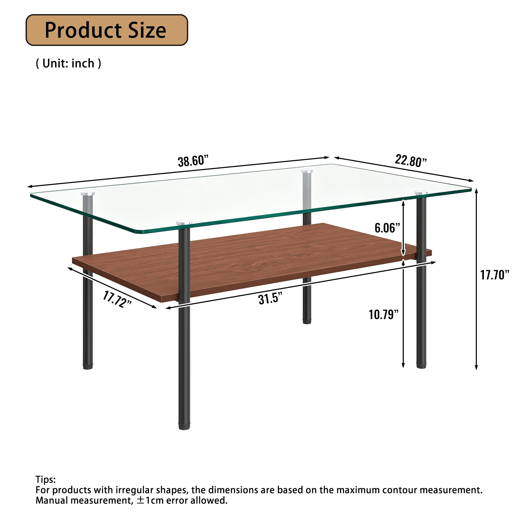 Modern Rectangular Glass Coffee Table with Tempered Glass Top and Wood Shelf, 38.6-Inch Center Table for Living Room, Transparent