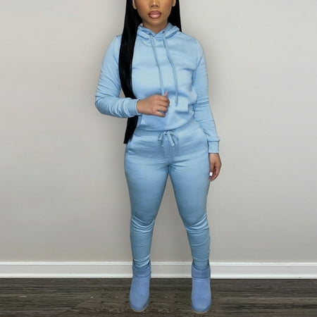 Ndbuld Casual Workout Two Piece Outfits for Women Fitted Crew Neck T-shirt High Waist pants Matching Sets Streetwear Family Gifts Light Blue L