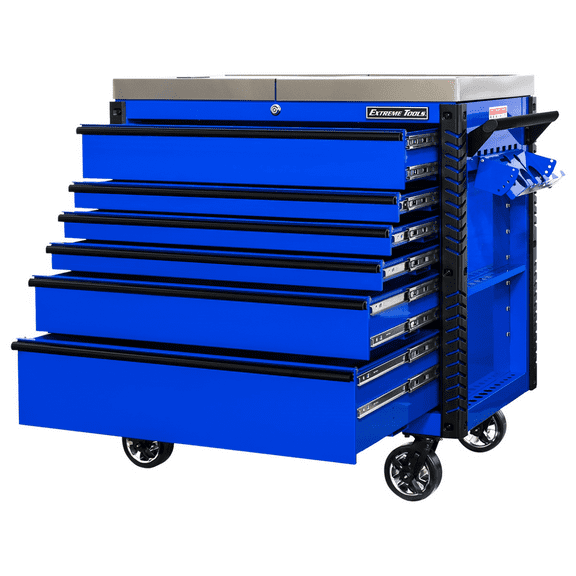Extreme Tools EX Professional Series 41 Inch 6 Drawer Sliding Top Tool Cart with stainless steel work surface - Blue with Black Drawer Pulls
