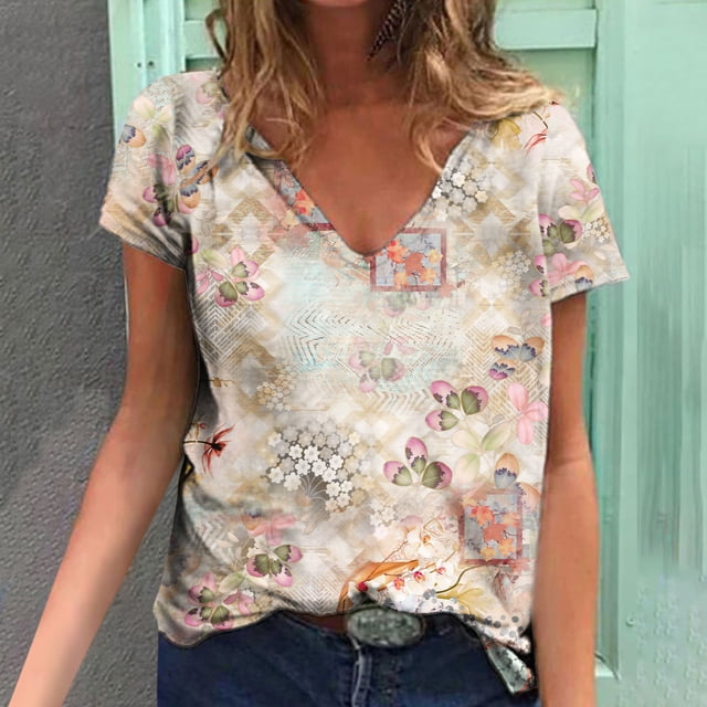 Pntutb, blusa estampada de verano para mujer, camisetas casuales con cuello en V, camisetas de manga corta, tops Pntutb Pntutb-3727