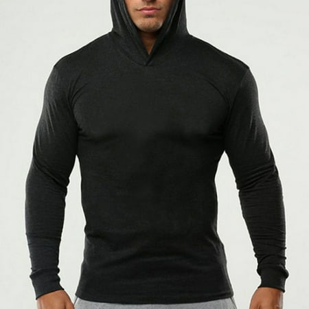 - Muscle Men Long Sleeve Casual Tops Shirts Slim Fit Hooded T-shirt Hoddies Tee Black M