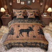 Feelyou Moose Elk Deer Bedding Comforter Set 7pcs, Pine Tree Botanical King Bedding Sets