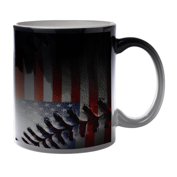 KuzmarK Black Heat Morph Color Changing Coffee Cup Mug 11 Ounce - American Flag Baseball Stitch