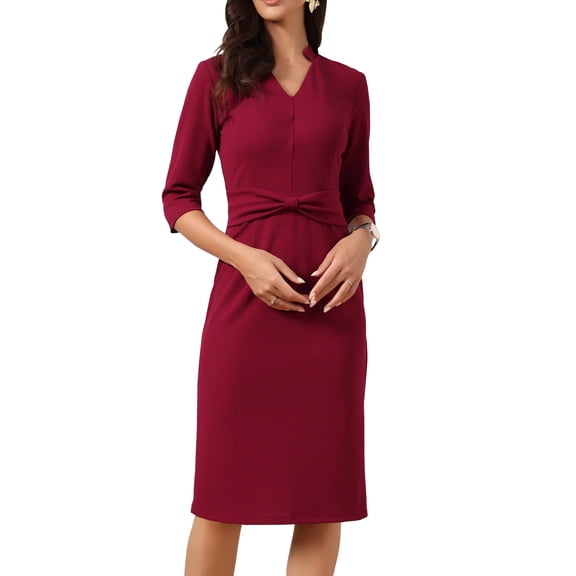 DARING DIVA Women's Work Dresses 3/4 Sleeve V Neck Bodycon Sheath Dress XS Wine Red