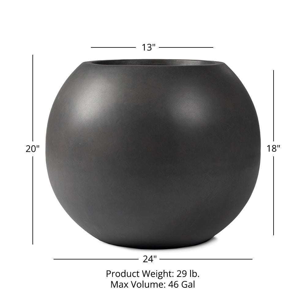 Ash & Ember Onyx 24" D Ceramic Indoor Outdoor Round Sphere Planter, Charcoal, Home Décor Evergreen Weather Resistant Modern Planter Pot