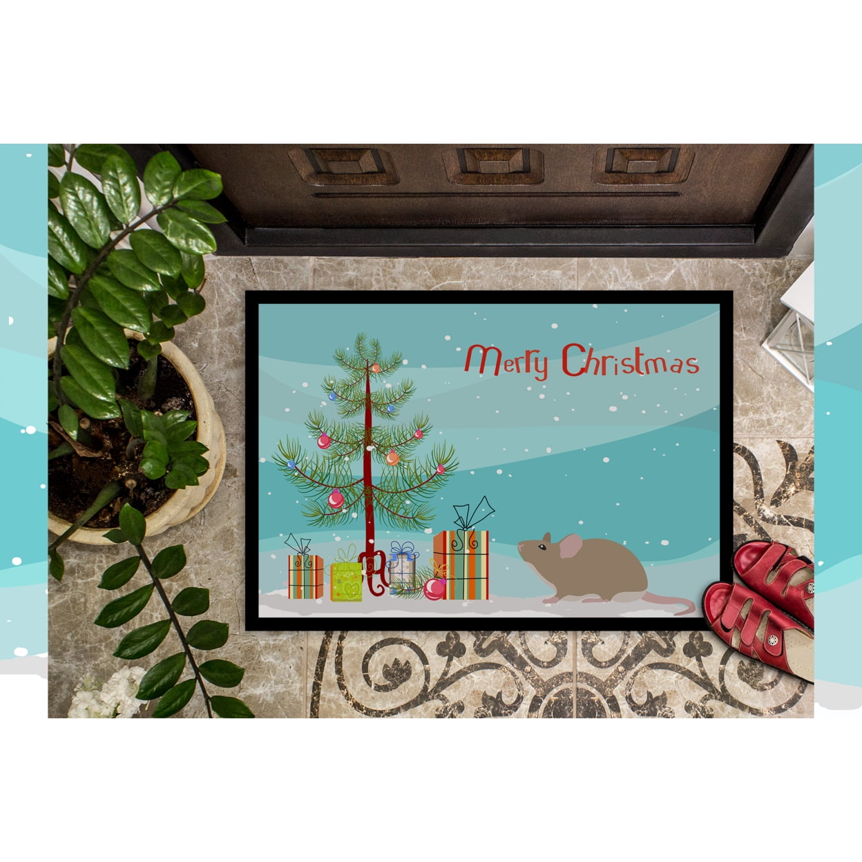 Grey Domestic Mouse Merry Christmas Door Mat