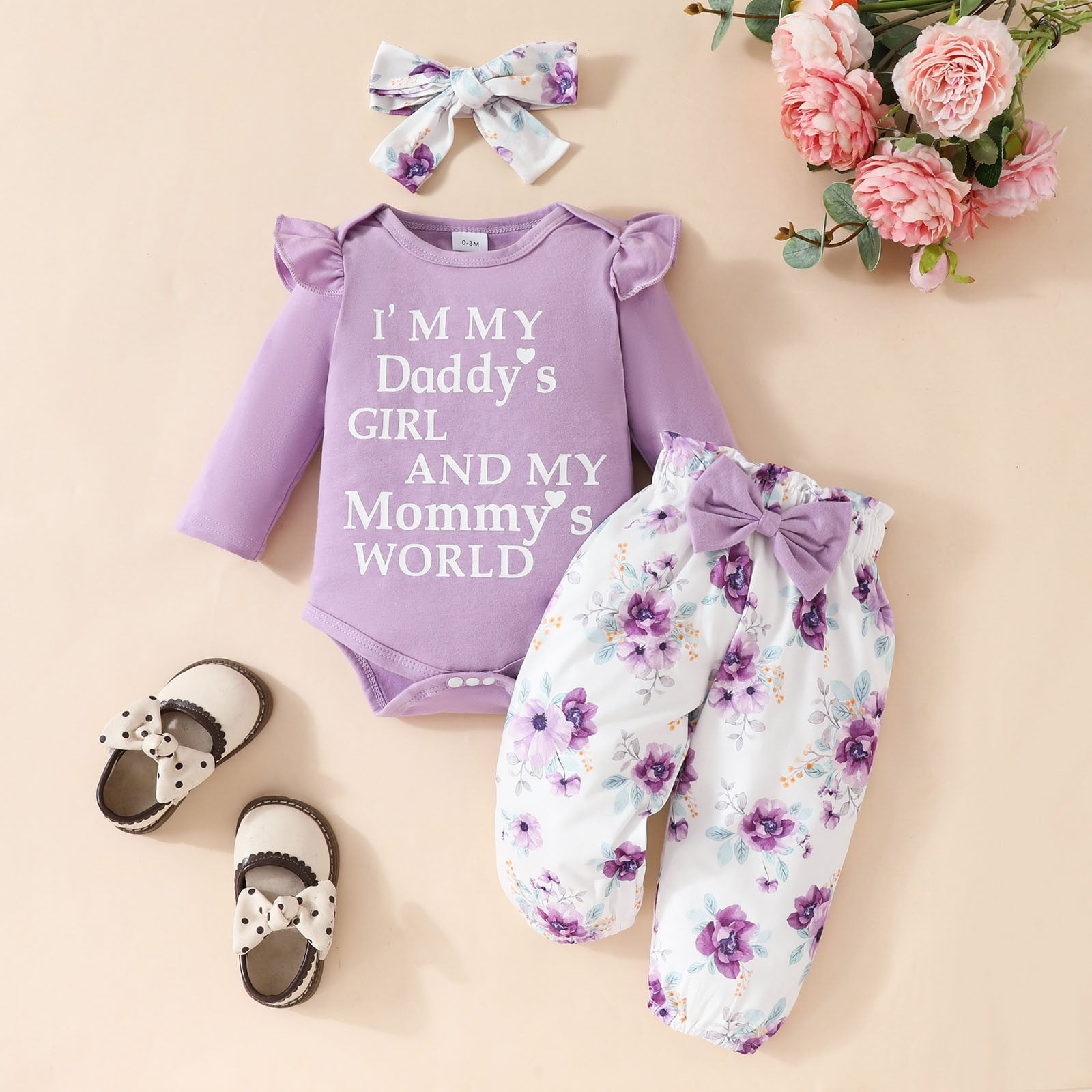 Povozer Newborn Baby Girls Cotton Clothes Long Sleeve Romper Pants Outfit Set(Light Purple,6-9M)