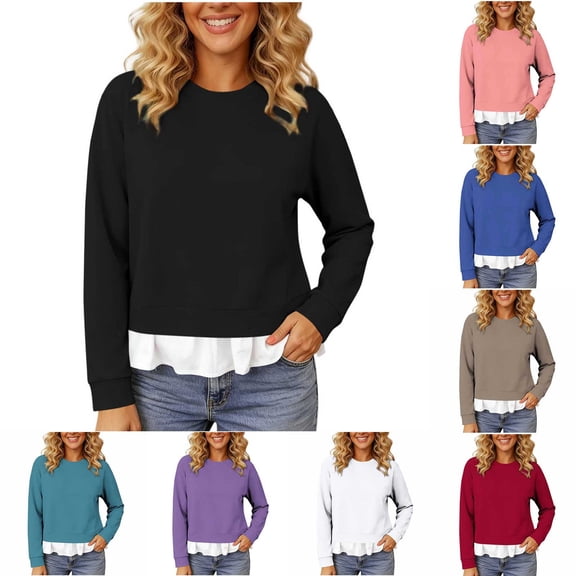 Women Layered Sweatshirt Sevevn Crew Neck Long Sleeve Fake Two Piece Casual Pullover Tops for Daily Casual Outfits