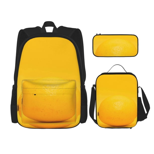 Easygdp Yellow Lemon Mochila para Niños y Niñas con Set de Caja de Almuerzo y Estuche para Lápices 3 en 1, Mochila Escolar Estampada para Adolescentes