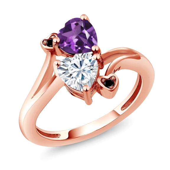 Gem Stone King 18K Rose Gold Plated Silver Purple Amethyst White Moissanite and Black Diamond Ring for Women (1.63 Cttw, Heart Shape 6MM, Gemstone February Birthstone, Size 7)