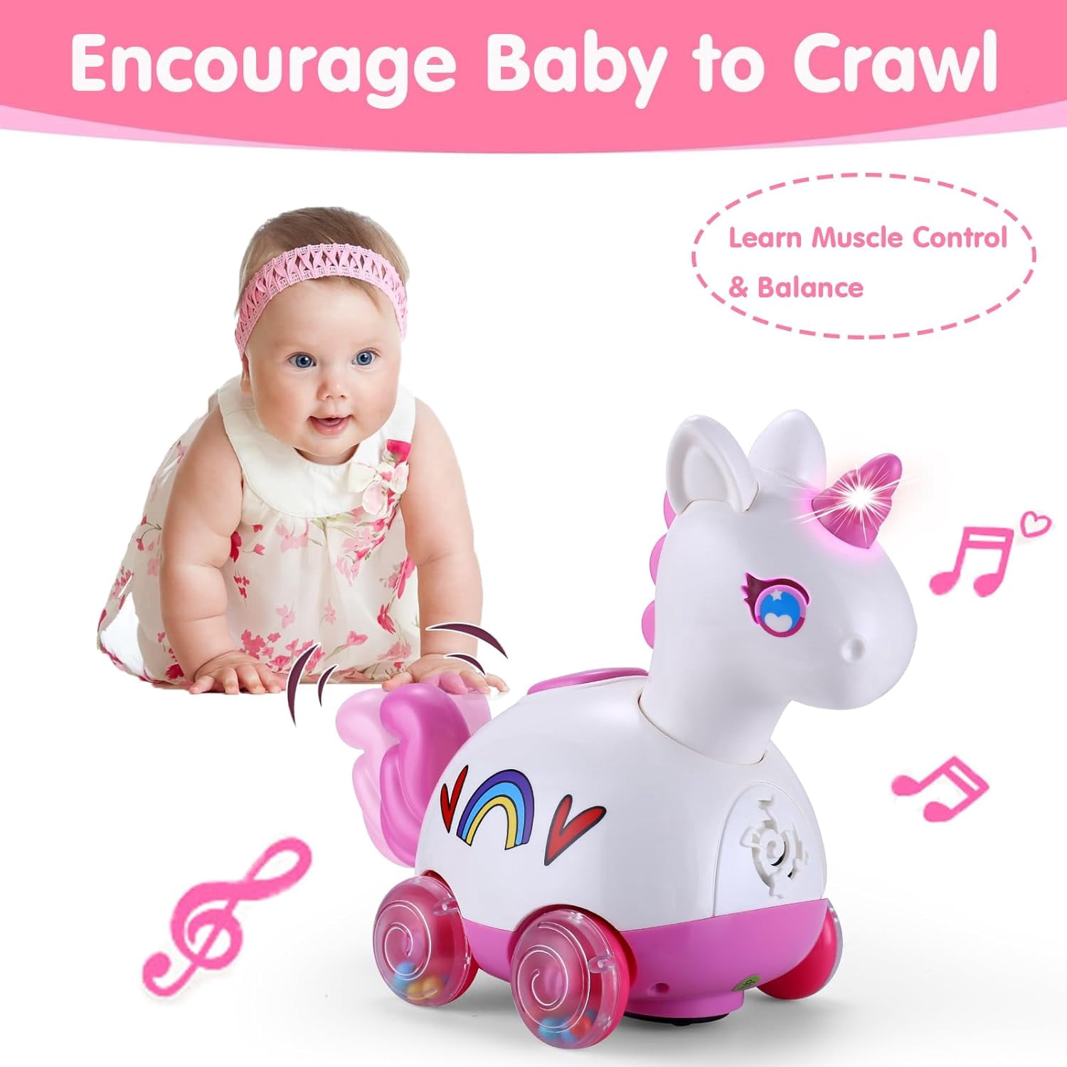 Baby Toys 6-12 Months, Tummy Time Musical Light Up Crawling Infant Toys 3 4 5 6 7 8 9 10 11 12 18 Month Easter 1st Birthday Baby Girl Gift Toddler Learning Activity Pink