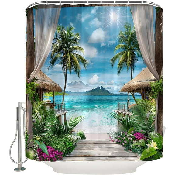 Ocean Beach Shower Curtain Tropical Summer Palm Tree Leaves Blue Sky Sea Wave Hawaii Vacation Seaside Island Landscape Natural Scenery Windows Fabric Bath Curtain with Hook-72"W x 72"L (Pack of 1)