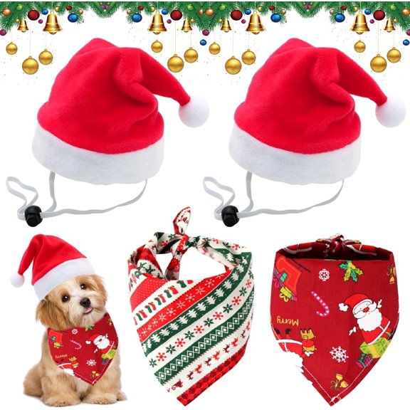 4 Packs Christmas Dog Bandanas, SPOKKI 2 Pcs Christmas Pet Scarf and 2 Pcs Christmas Pet Hat, Xmas Dog Gifts Santa Dog Outfit Washable Adjustable Kerchief for Small Medium Dogs Cats