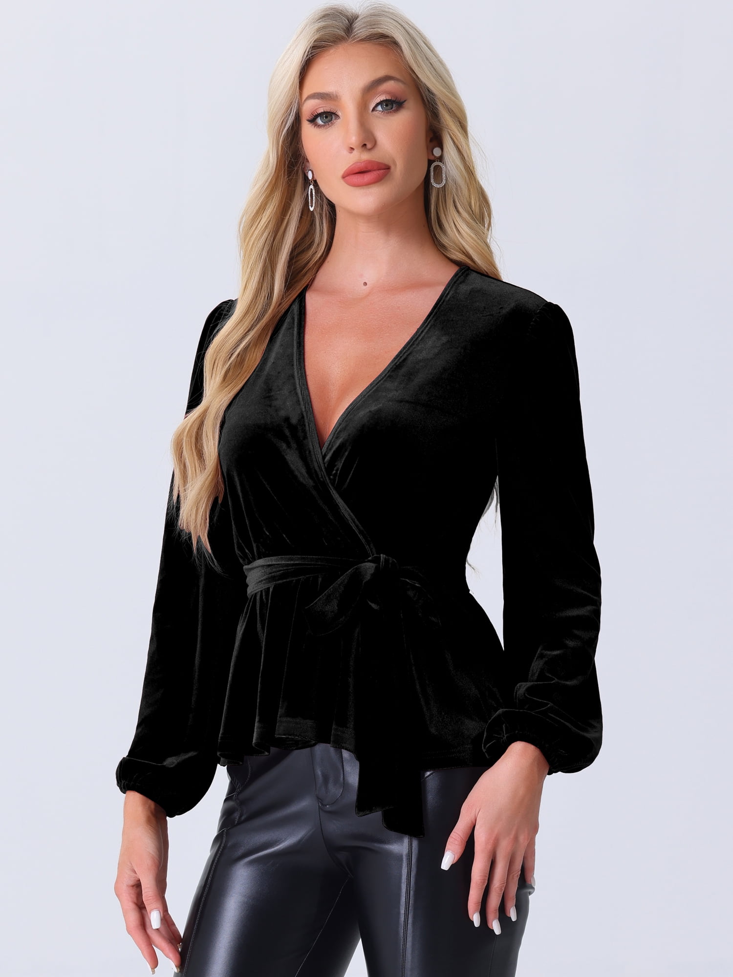 DARING DIVA Tie Waist Long Sleeve V Neck Blouse L Black