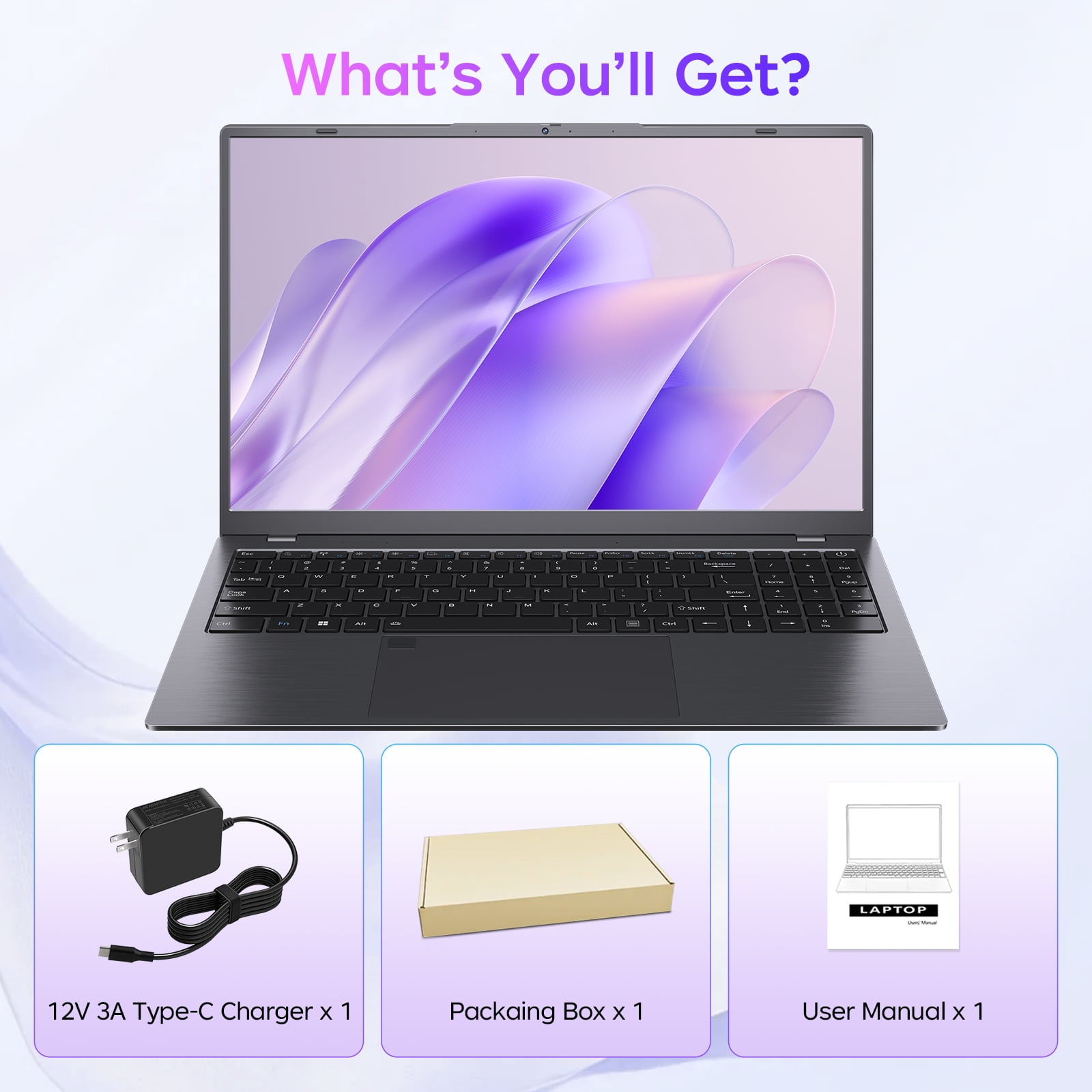 RNRUO 15.6" Laptop Computer, 12GB DDR5 512G SSD, Intel N95 Quad-Core, Fingerprint Backlit KB, 1080 FHD Display Office 2024 WiFi 6 BT5.3, Windows 11 for Student, Business, Home Office